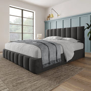 Letto matrimoniale 140x200 cm con contenitore; testiera regolabile; in lino grigio; con materasso