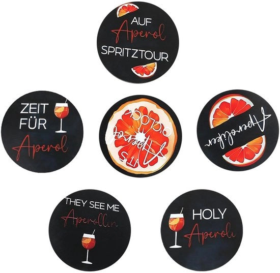 Pacchetto di 6 sottopiani con frasi, velluto, accessori a spritz arancioni rotondi, regalo, sottopiani per cocktail arancioni, decorazione per tavola, sottopiani in legno divertenti, regali decorativi, per bar, casa, festa, appassionati di vino