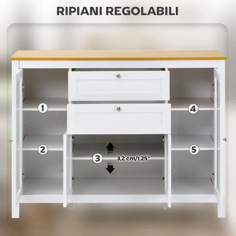 MOBILE CUCINA CON 2 CASSETTI E 3 ARMADIETTI, ANTE IN VETRO E RIPIANI REGOLABILI, 120X40X90 CM, BIANCO E ROVERE