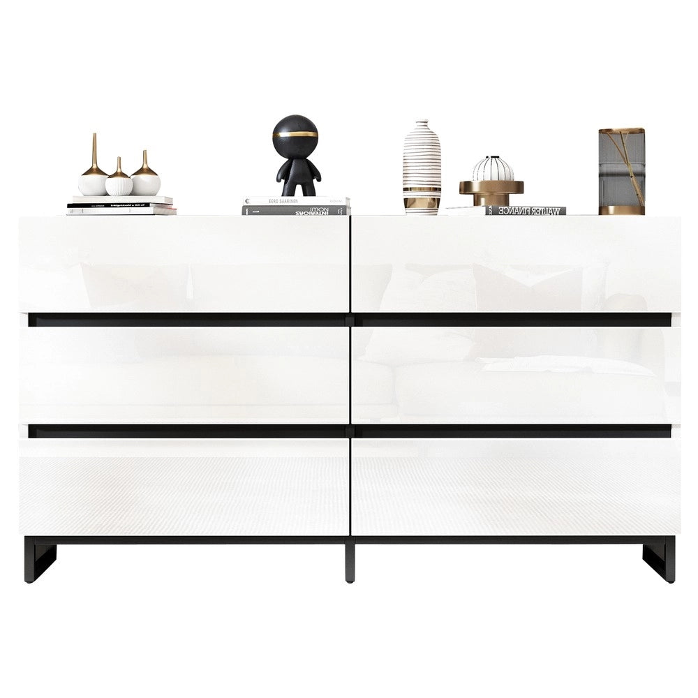 Credenza da Soggiorno con 6 Cassetti e 3 Gambe in Metallo ¨C MINIMAL ¨C Bianco/Nero Lucido 140x39x78