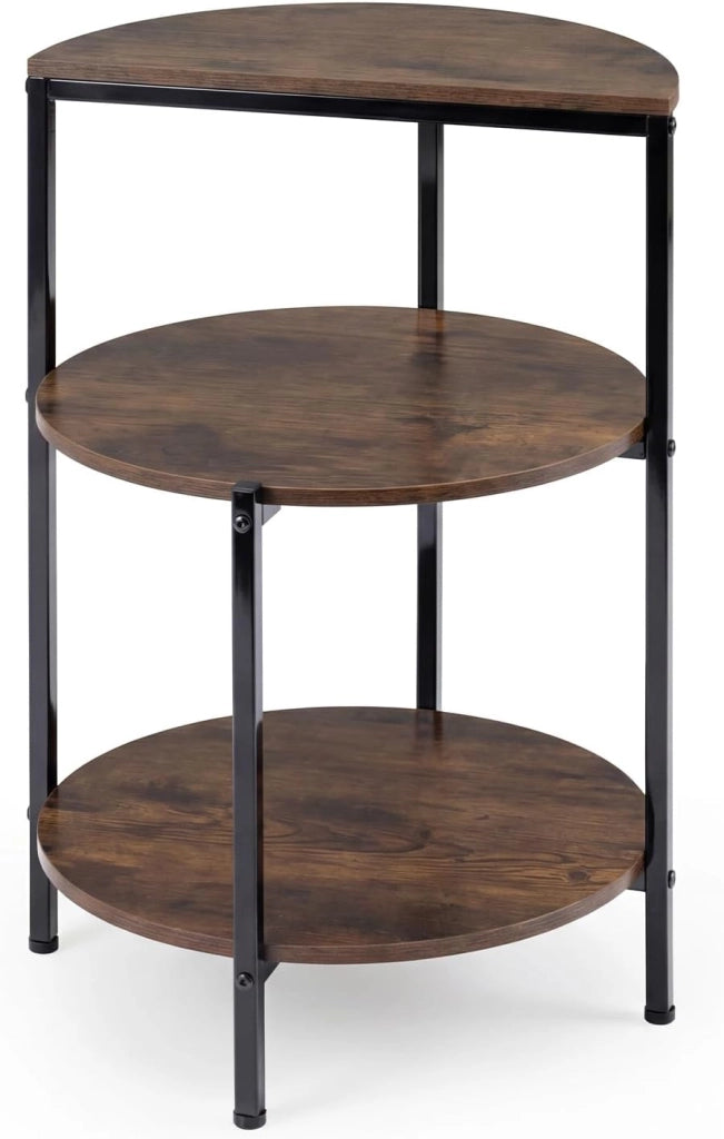Tavolino Salotto Rotondo, Tavolinetto Laterale da Divano, da Caffè, Comodino Basso a 3 Ripiani in Legno e Metallo, Industiale e Salvaspazio, per Soggiorno, Camera da Letto, 43 X 43 X 63 CM