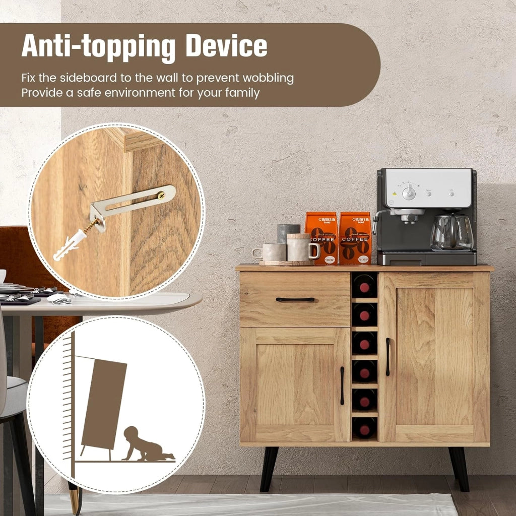 Credenza Cucina Industriale, Cantinetta Vino Legno con 6 Bottiglie di Vino, 2 Scomparti con Anta e Dispositivo Antiribaltamento, Mobile a Buffet, Bar, Naturale, 90 x 40 x 79 cm