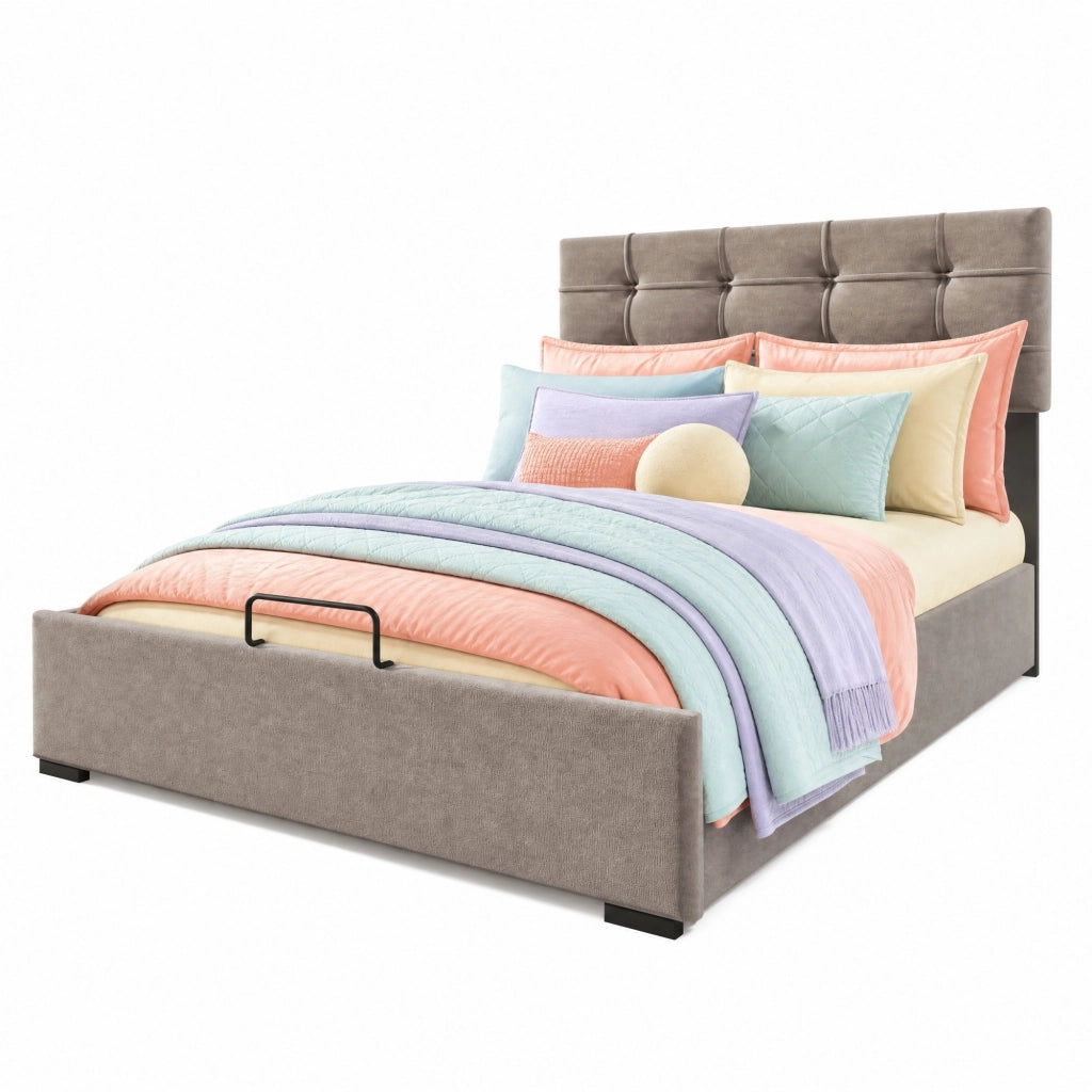 Letto imbottito 90x200 cm con contenitore; testiera regolabile; velluto grigio chiaro