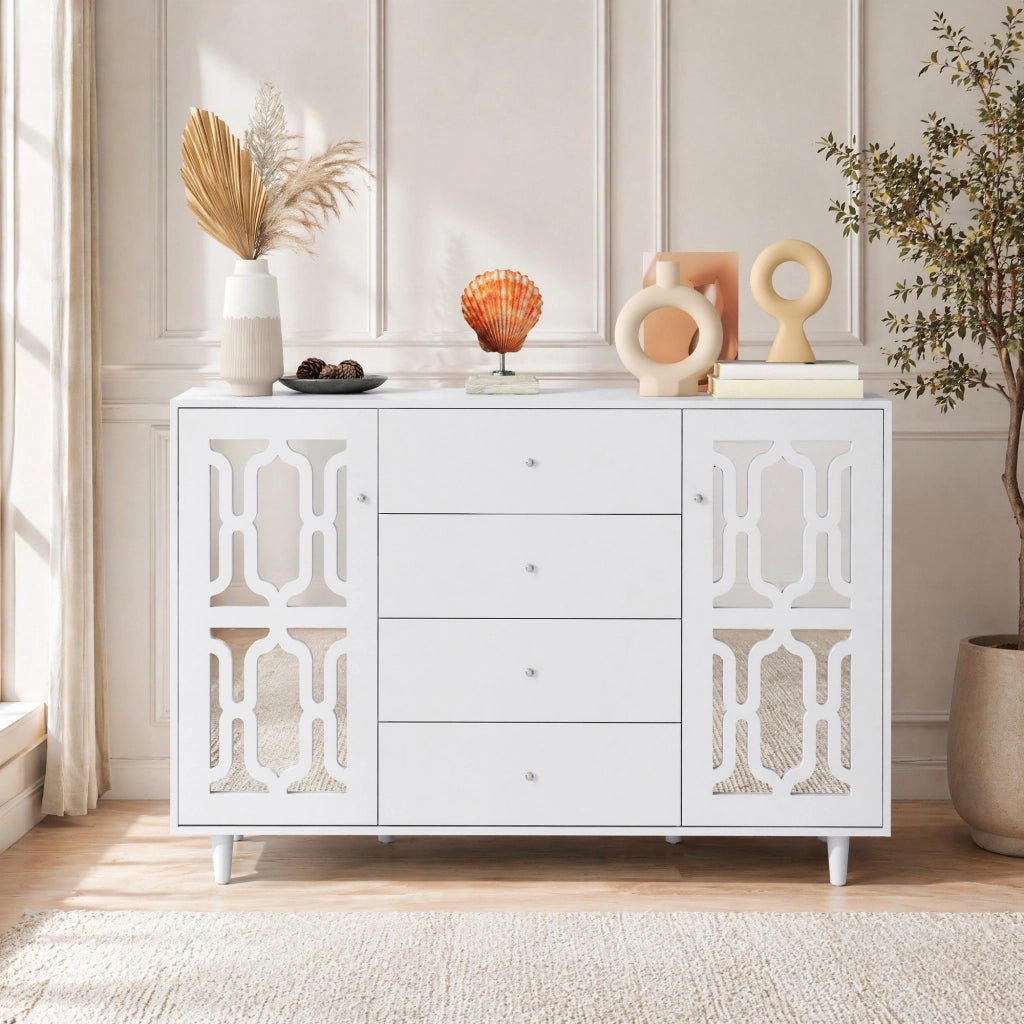 Credenza bianca con superficie a specchio e 4 cassetti, 147,5 x 40 x 102 cm