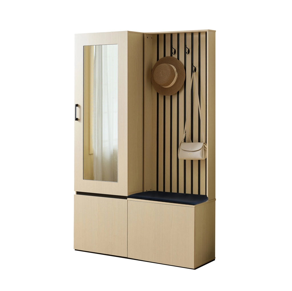 Set guardaroba con specchio e panca; asta estraibile e vano scarpe; MDF effetto legno