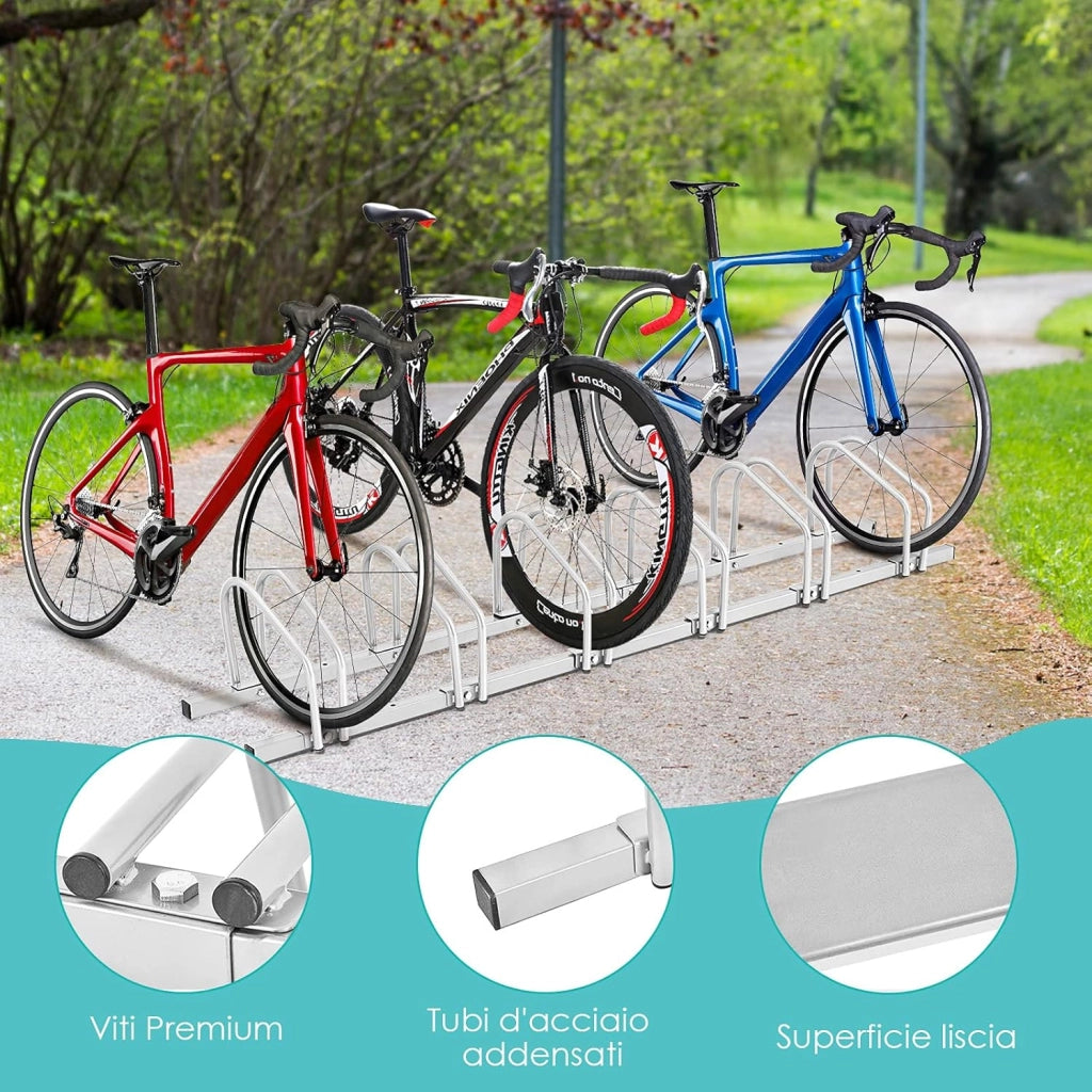 Rastrelliera per Biciclette, Portabiciclette Parcheggio Organizzatore per 4/5/6 Bici, Parcheggio per Biciclette, Telaio d'Acciaio (Argento, 6 Bici)