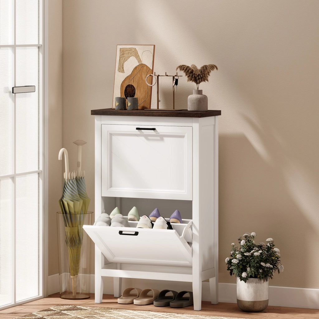 Scarpiera Country con 2 Cassetti Ribalta. Ripiani Regolabili. Design Bianco.