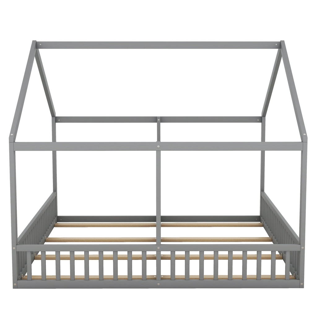DESMIU Letto per bambini 2 posti con barriere e design a casetta, 90 × 200 cm, senza materasso, pino grigio