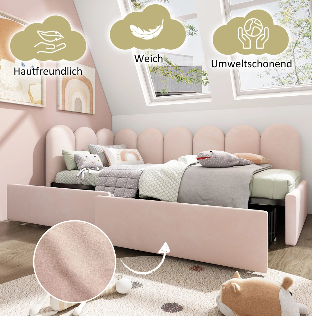 Letto singolo imbottito 90x200 cm rosa con 2 cassetti