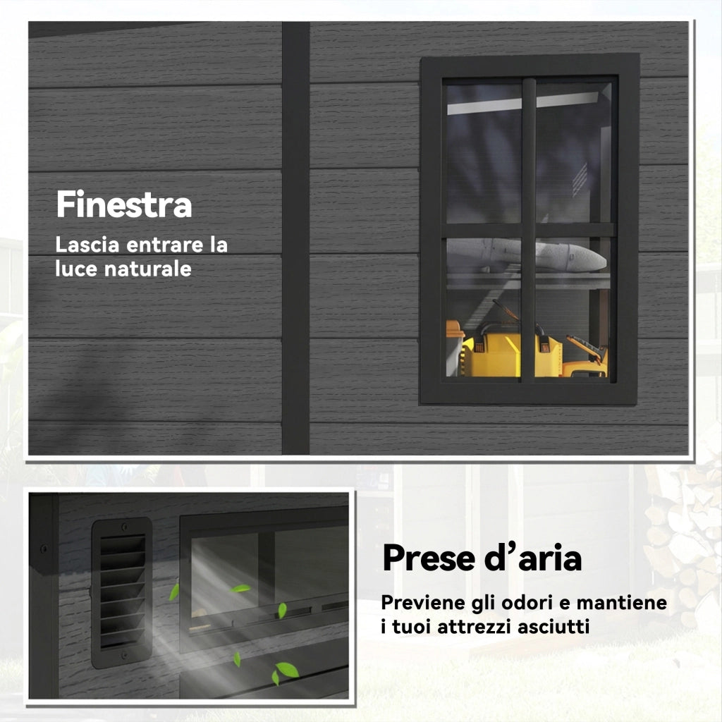 Casetta Box da Giardino 182x182x196 cm a 2 Ingressi con 3 Finestre e Prese d'Aria in PP e Alluminio Grigio Scuro
