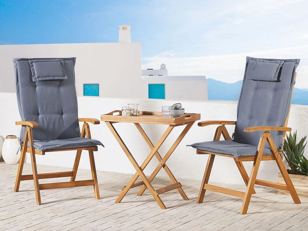 Set da bistrot da giardino Tavolo in legno di acacia 2 sedie con cuscini blu resistente ai raggi UV pieghevole