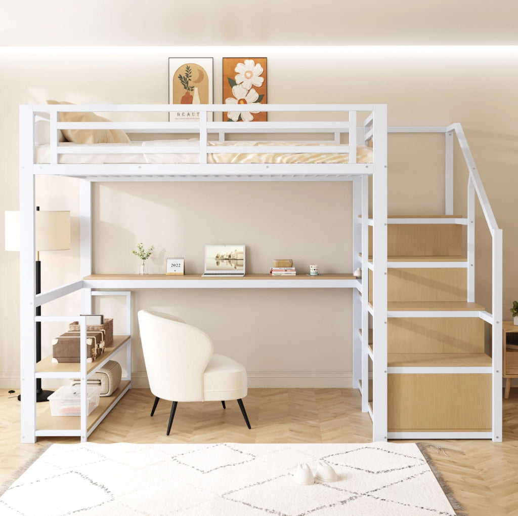 Letto a soppalco in metallo 140x200 con scala contenitore, ripiani e scrivania