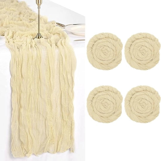 Set di tovaglioli per tavola, 4 pezzi, tovaglioli per tavola, organza boho, 90 x 300 cm, trasparente a metà, romantico, per matrimonio, festa, vacanza, decorazione, tovaglioli per tavola, beige