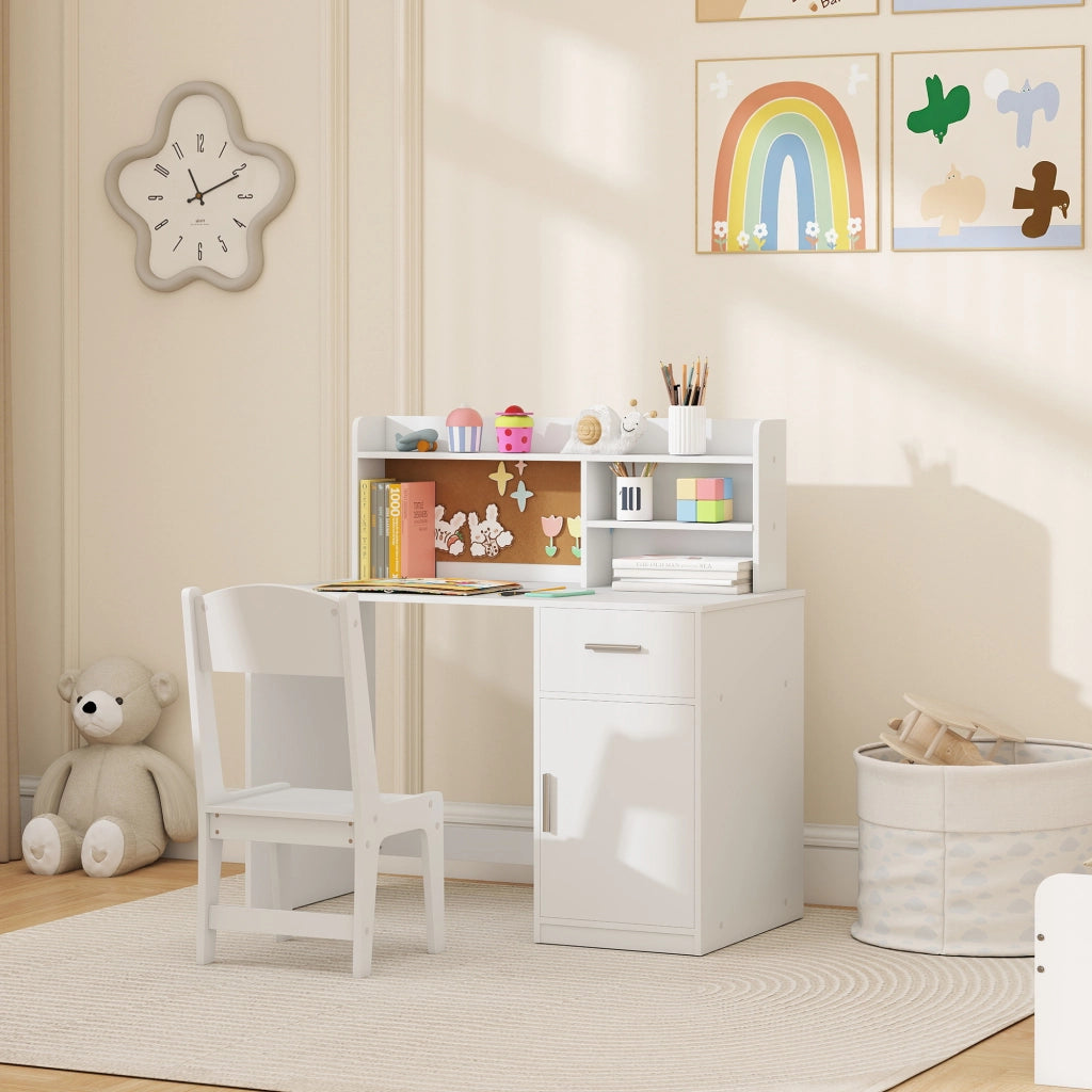 Scrivania bambini con sedia, cassetto, scaffale e lavagna in sughero ¨C zephmum ¨C bianco