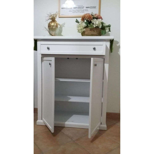 Scarpiera 1 cassetto 2 ante e 3 ripiani arte povera in legno massello e mdf con rifinitura in bianco 87x40x110 H