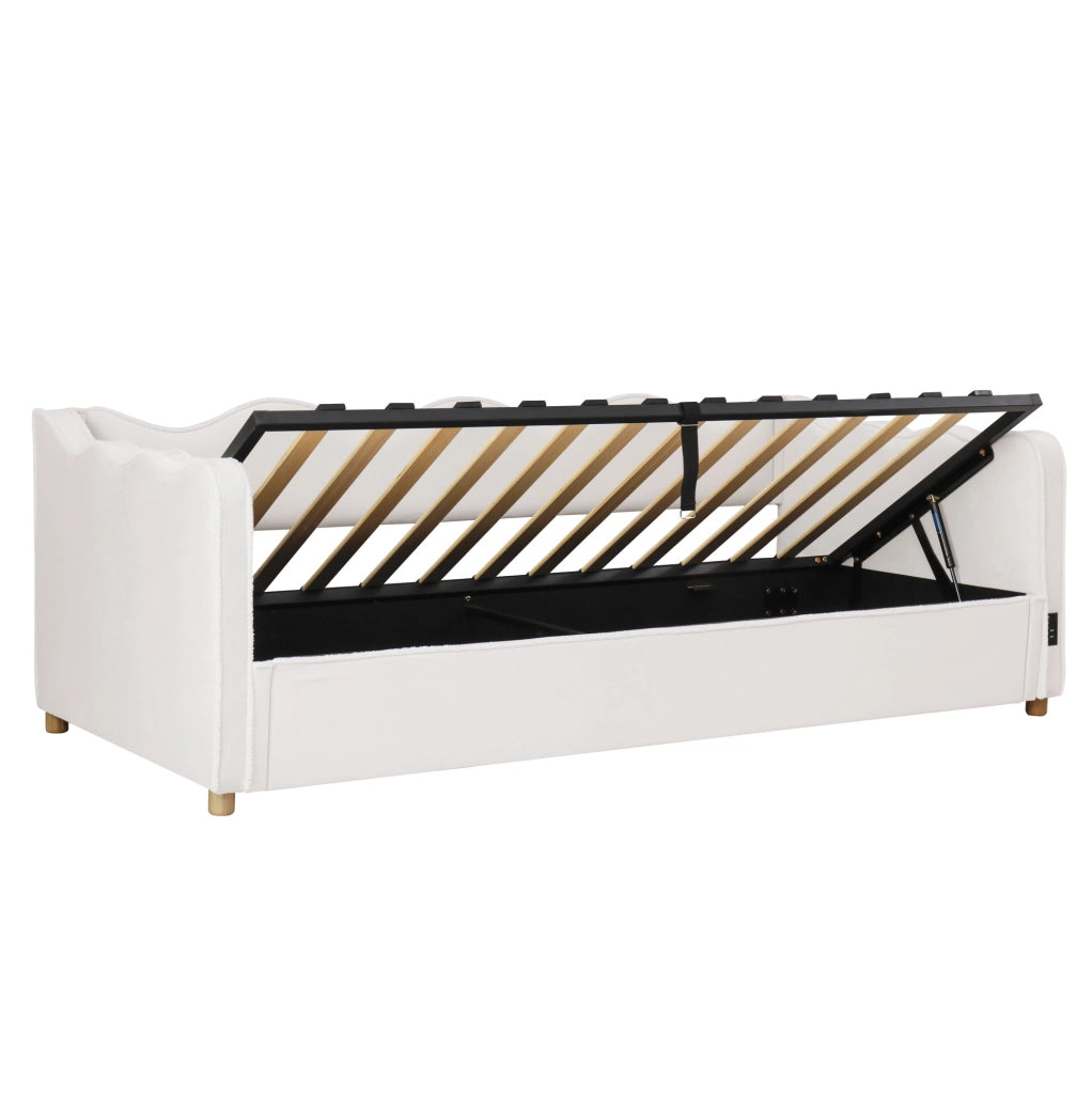 Letto contenitore 90x200 cm con USB C e presa; velluto beige