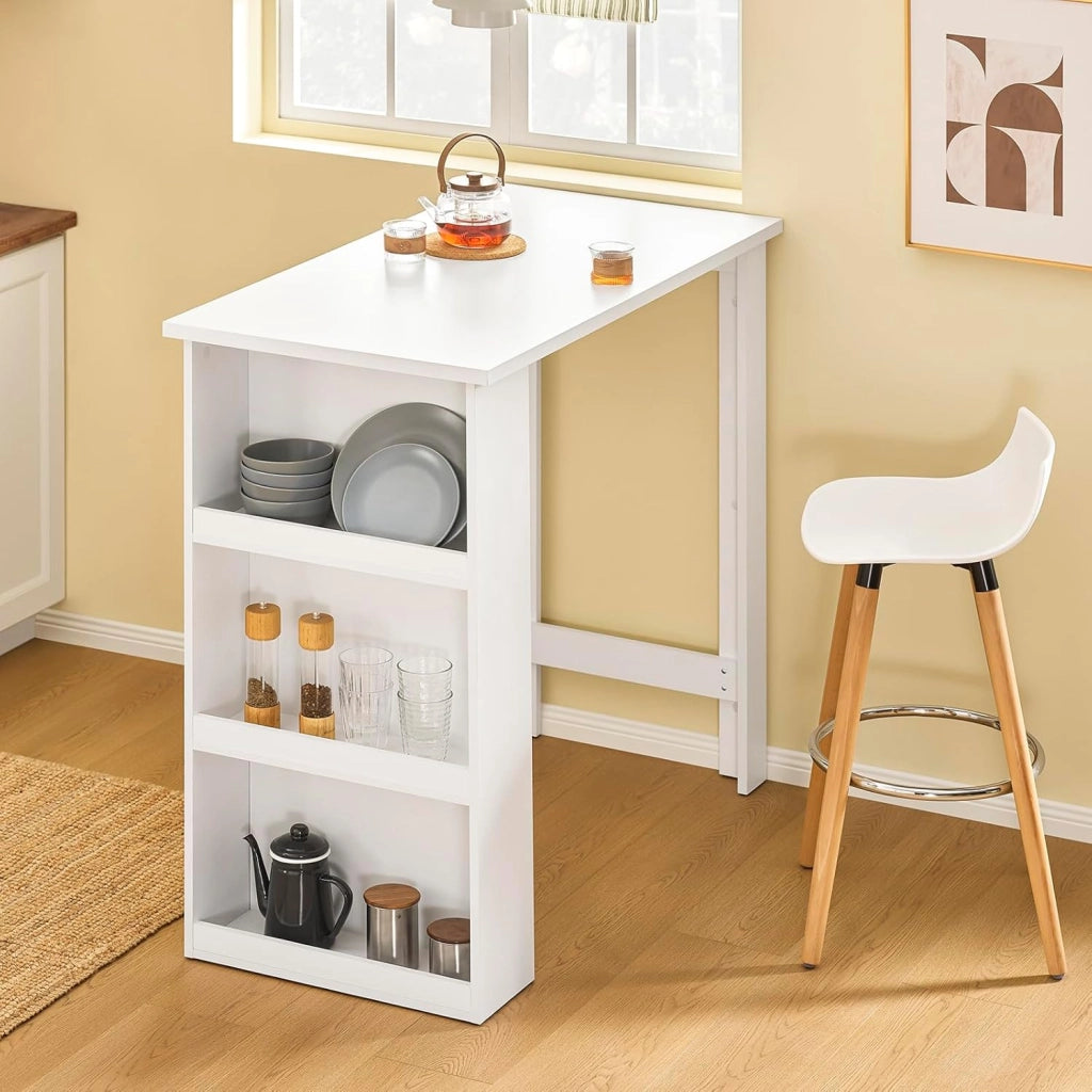 Tavolo Alto da Cucina, Tavolo da Bar Moderno con Ripiani di Stoccaggio, Design Salvaspazio per Cucina Piccola, Soggiorno, Angolo Bar o Studio Bianco 112 x 57 x 106 cm FWT17-II-W