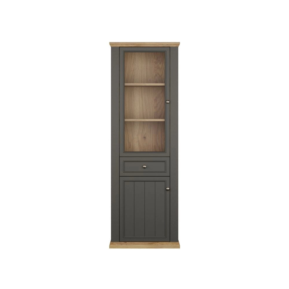 Vetrina Essenza 1 Anta Vetro e 1 Anta con Cassetto grigio scuro e Rovere 202 cm – Stile Classico