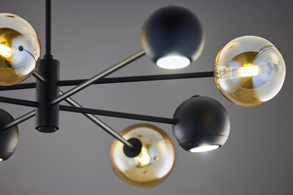 Lampadario moderno nero sfere vetro ambra 8 luci Jupiter