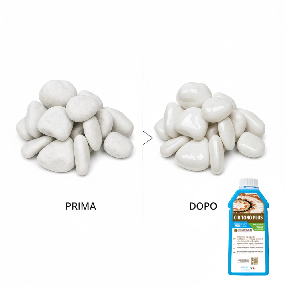 Ciottoli bianco carrara con protettivo effetto bagnato brillante – cir tono plus *** misura 25/40, formato 5 kg + 1...