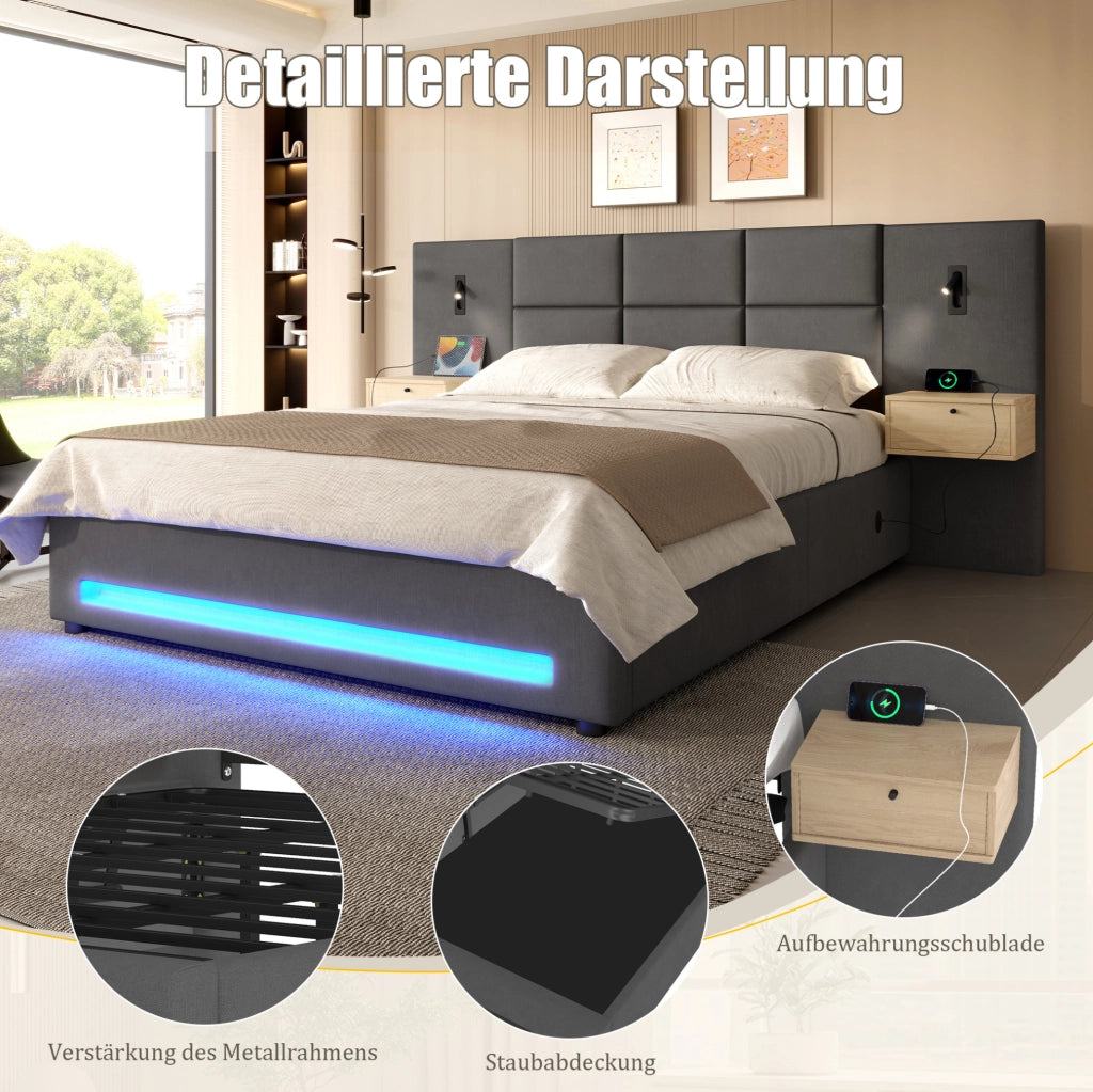 Letto 180x200 cm in velluto grigio scuro con LED e USB-C