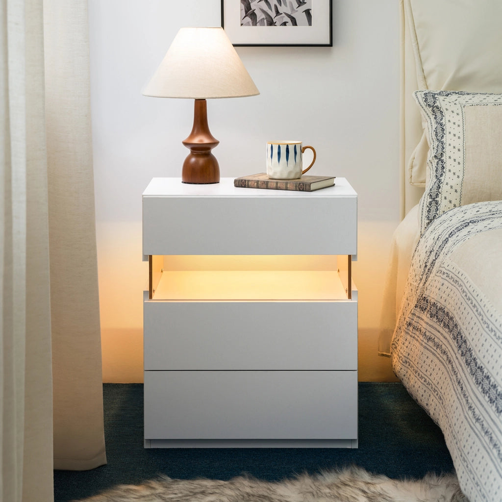 Comodino con led e 3 cassetti con pannello acrilico per camera da letto e soggiorno, in legno ingegnerizzato, bianco