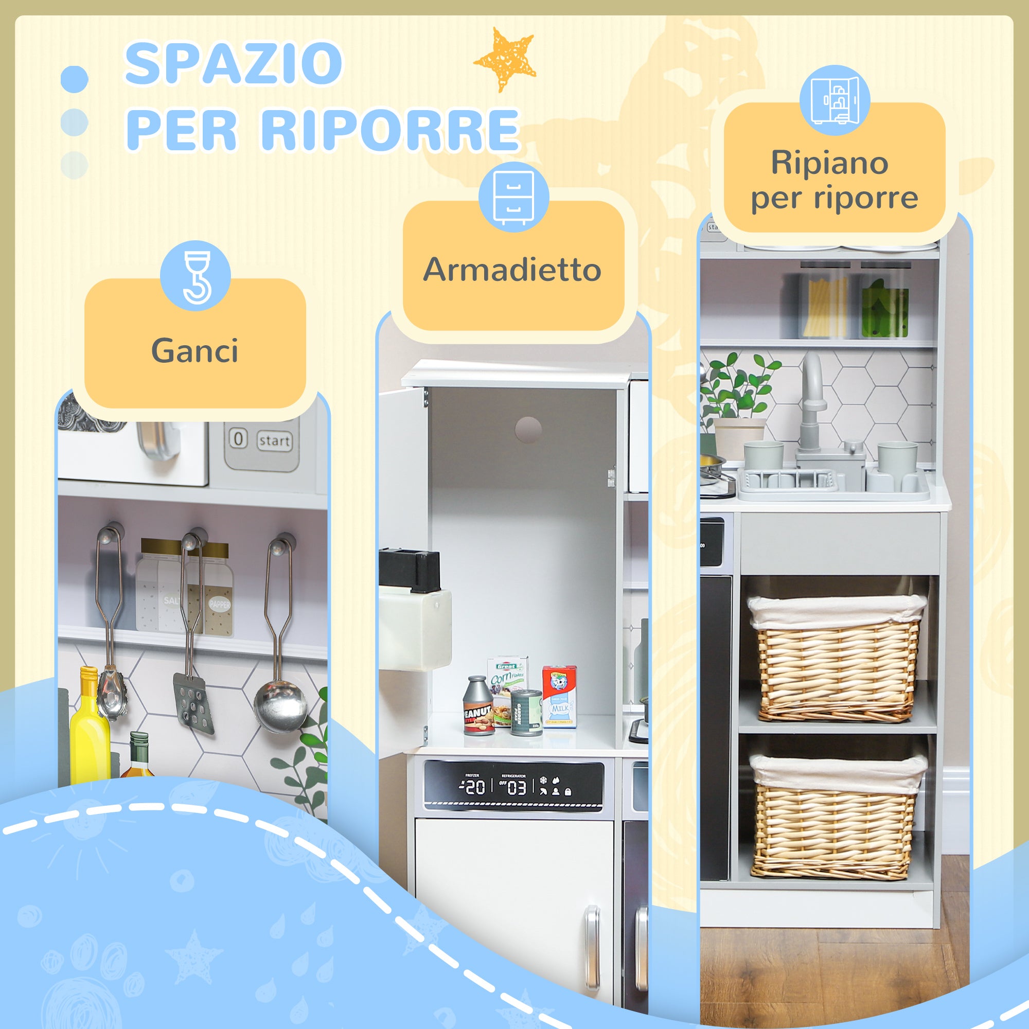 Set Cucina Giocattolo in Legno con Fornello con Luci e Suoni, Lavello con Circolo d'Acqua e Accessori, Bianco