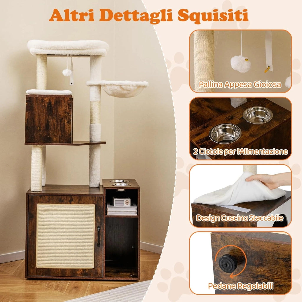 Mobiletto per Lettiera per Gatti, Tiragraffi per Gatti con Posto Graffio in Sisal e Tappetino, Pallina Pendenti, Toilette Nascosta e 2 Ciotole per Cibo, Mobili Moderni per Gattini (Marrone)