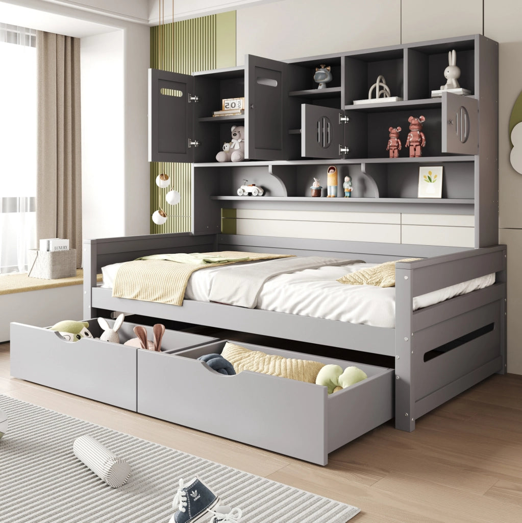Letto singolo multifunzione 90x200 cm grigio con cassetti