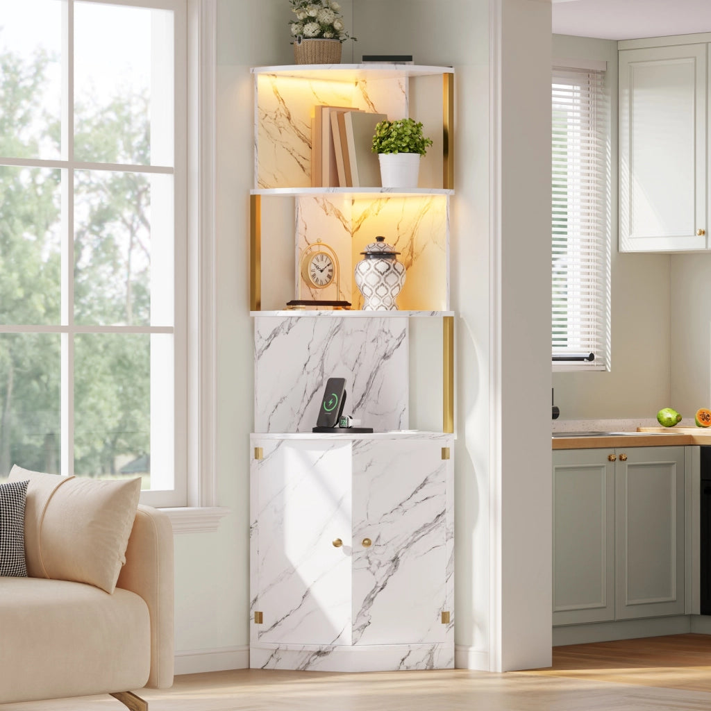 Mobile angolare con LED e prese elettriche; 38 x 38 x 180 cm; MDF bianco