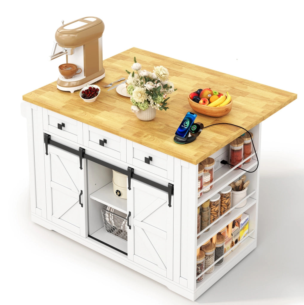 Isola cucina mobile in MDF con piano pieghevole, prese USB, cassetti e ripiani
