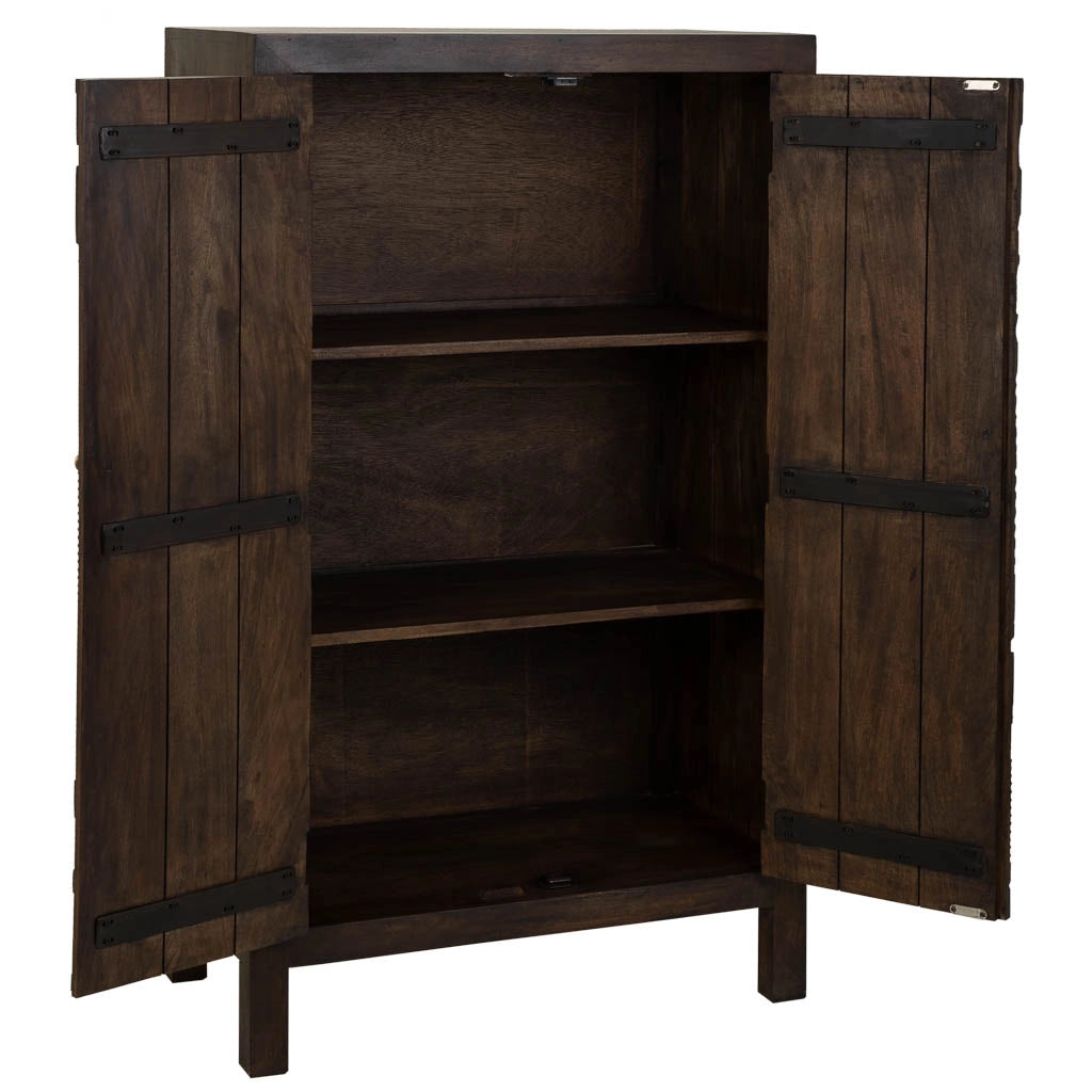 Armadio in legno intagliato rifinito artigianalmente a 2 ante marrone 78x35x140