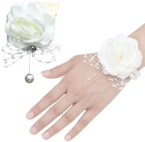 Corsage 2 pezzi - Corsage da sposa - Corsages di rose - Bianco - Leggero - Cinturino regolabile - Cinturino da sposa