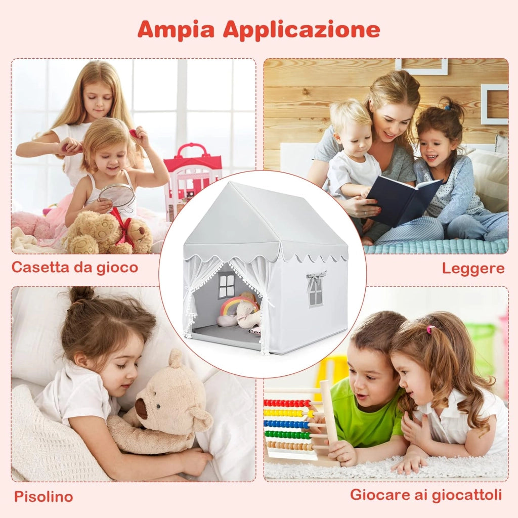 Tenda da Gioco per Bambini, Casetta per Bambini con Struttura in Solido Legno, Tappetino di Cotone, Tenda a Rete e Finestre, 105x120x140 cm (grigio)