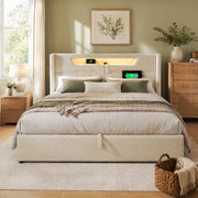 Letto matrimoniale contenitore 160x200 cm in lino beige con LED; USB e Type-C HOMVRA