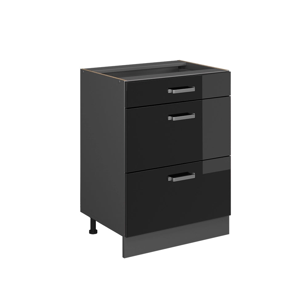 Vicco Mobiletto base per cucina Nero lucido 60 cm con cassetti, senza piano di lavoro