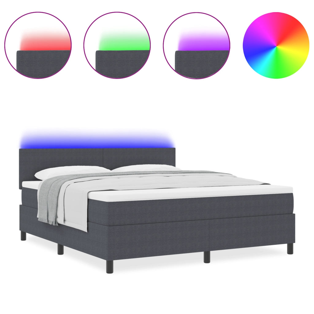 Letto con Rete a Molle con Materasso & Luce LED Grigio Scuro Tessuto in Corduroy