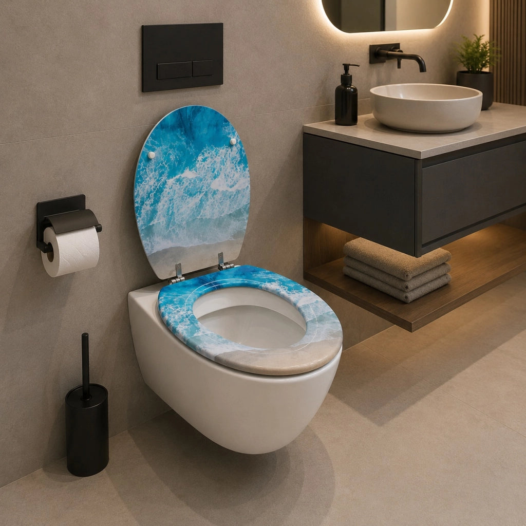 Sedile Copriwater Universale Per Bagn MDF Effetto Onde Marine Con Cerniere 94108