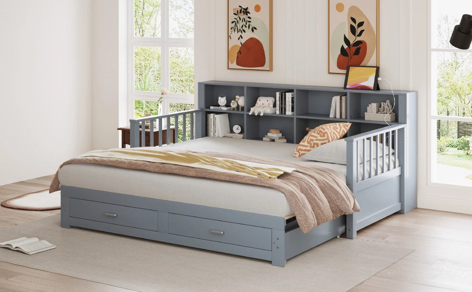 DESMIU Divano letto 90 × 190 cm 1 posto con prese, ripiani e 2 cassetti, 180 × 190 cm senza materasso, legno grigio