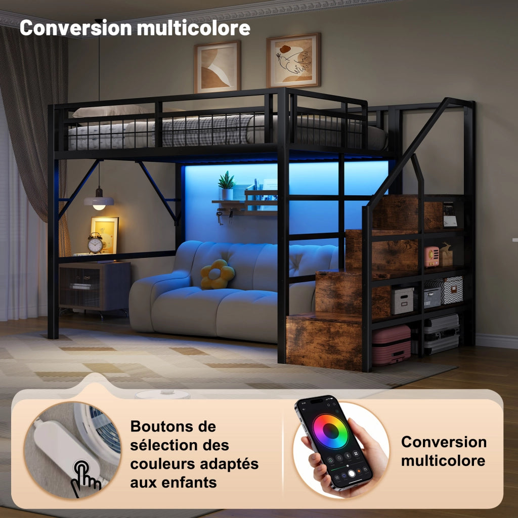 OKWISH Letto a soppalco 140×200 cm, Letto matrimoniale con LED regolabile, Scala con contenitore e spazio libero, senza materasso, Nero