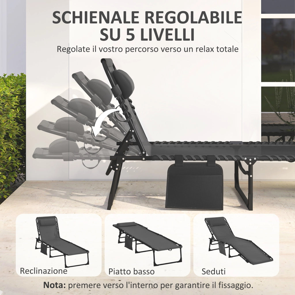 Sdraio da Giardino Pieghevole con Schienale Reclinabile su 5 Posizioni e Cuscino. 185x58x30cm. Nero