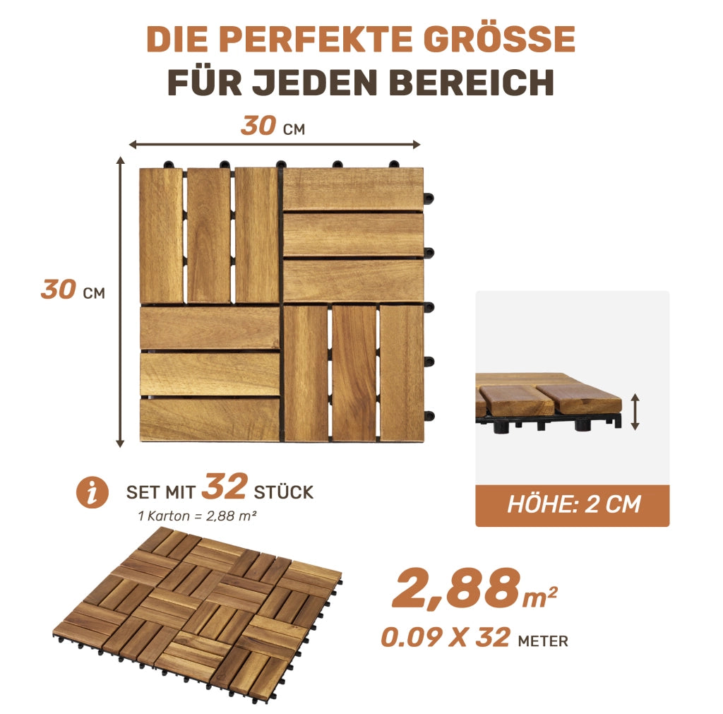 Piastrelle autobloccanti da esterno 12" x 12"; in legno di acacia giallo; spessore 0;75"