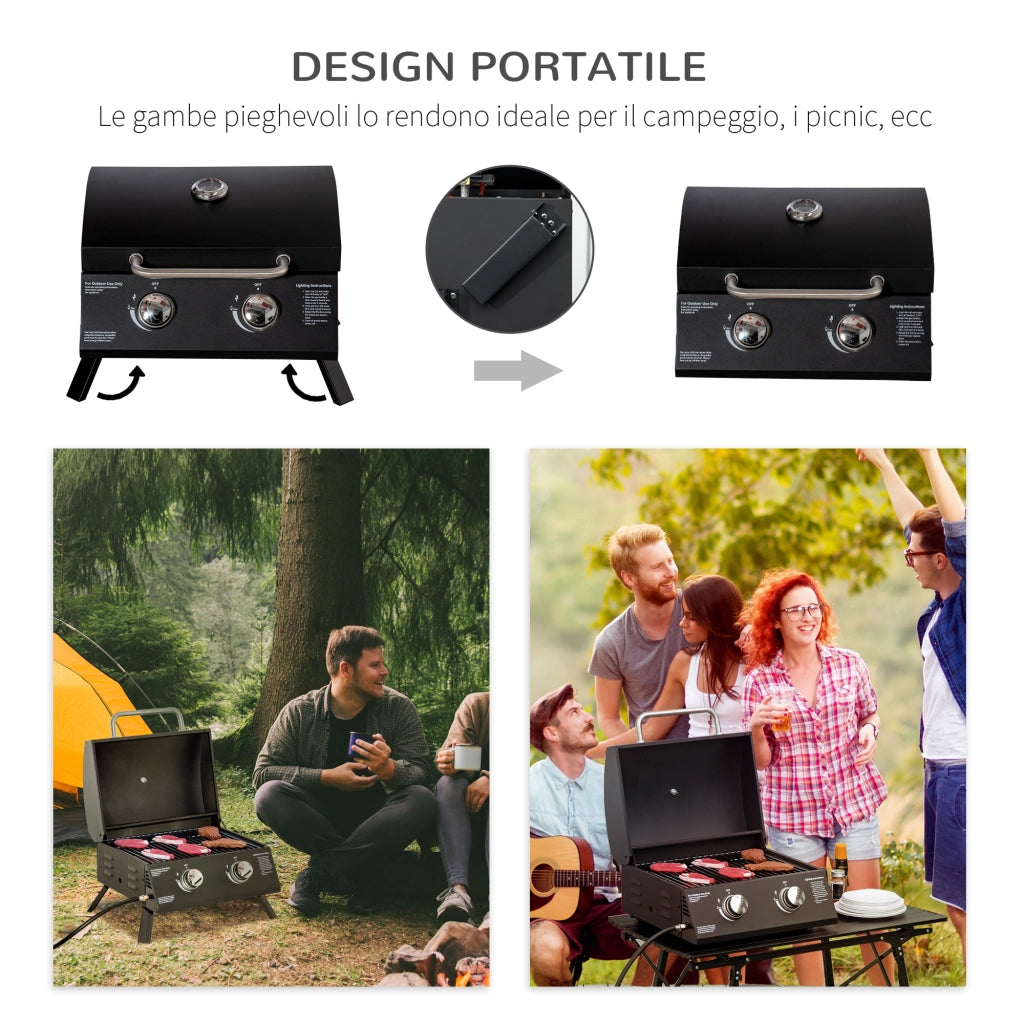 Easycomfort Barbecue a Gas Pieghevole con Coperchio, Termometro e 2 Bruciatori in Acciaio, 55x46.5x41 cm, Nero