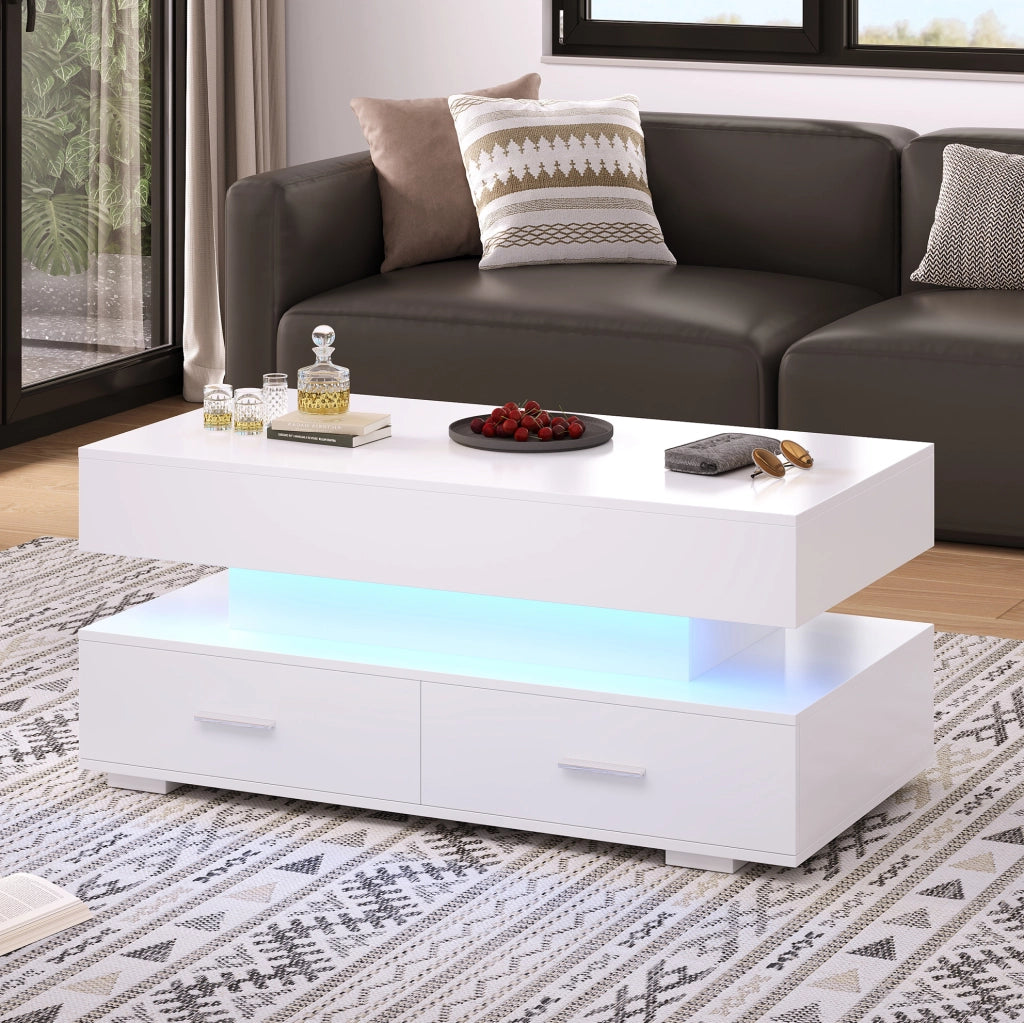 Tavolino da caffè sollevabile 100 x 50 x 44 cm con LED e 2 cassetti