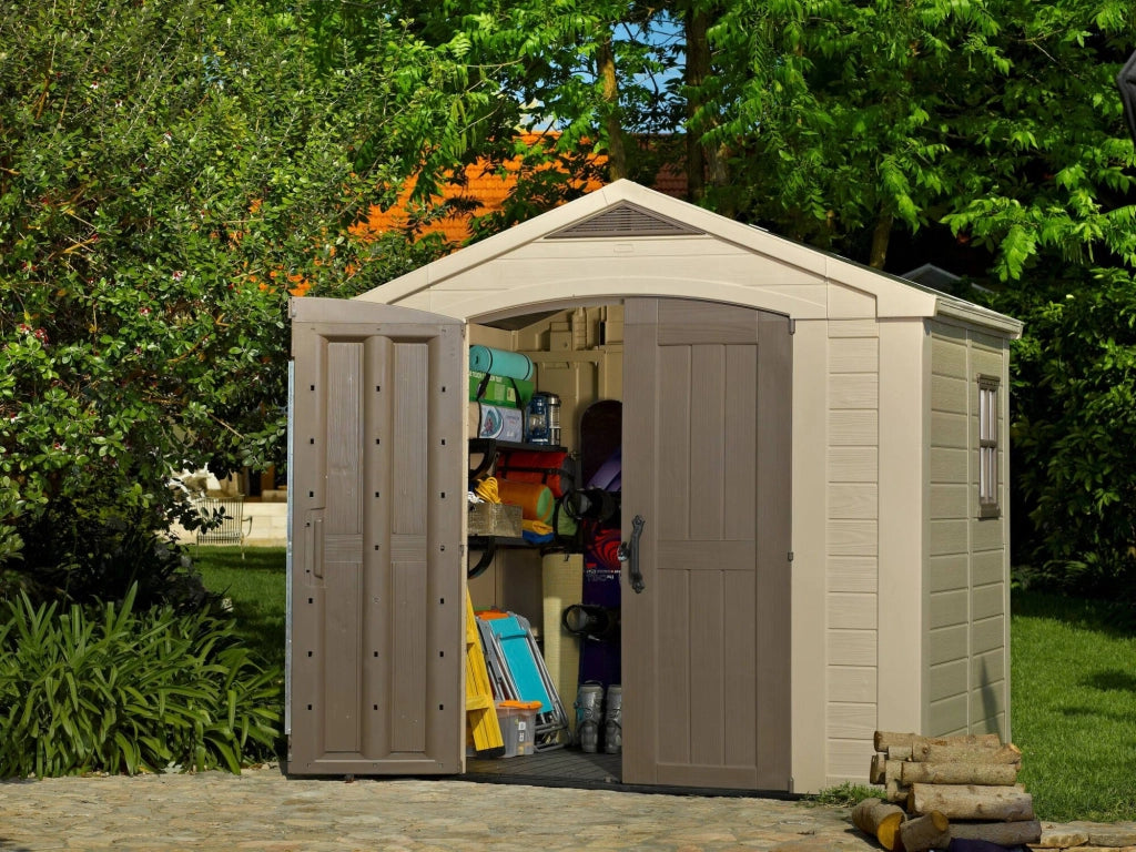 Casetta da giardino Weyburn, Capanno da esterno, Rimessa da giardino, Ripostiglio per attrezzi, 257x182 h243 cm, Beige