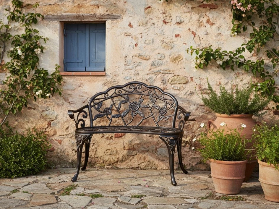 Panchina da giardino marrone scuro in metallo alluminio 2 posti braccioli stile vintage