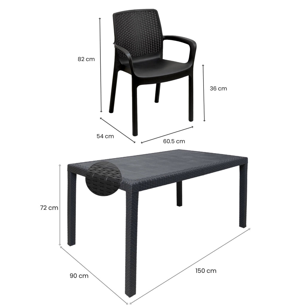 Set salotto da esterno Lograto, Salottino outdoor e indoor, Tavolo rettangolare fisso con 4 sedie impilabili, Made in Italy, Antracite