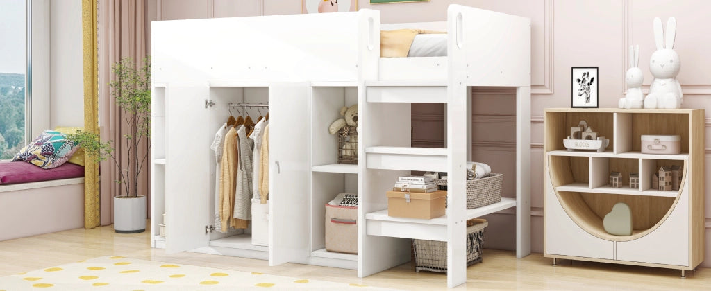 DESMIU Letto a Soppalco 1 Posto con Armadio, Scaffali e Scala 90 × 200 cm, senza materasso, Bianco