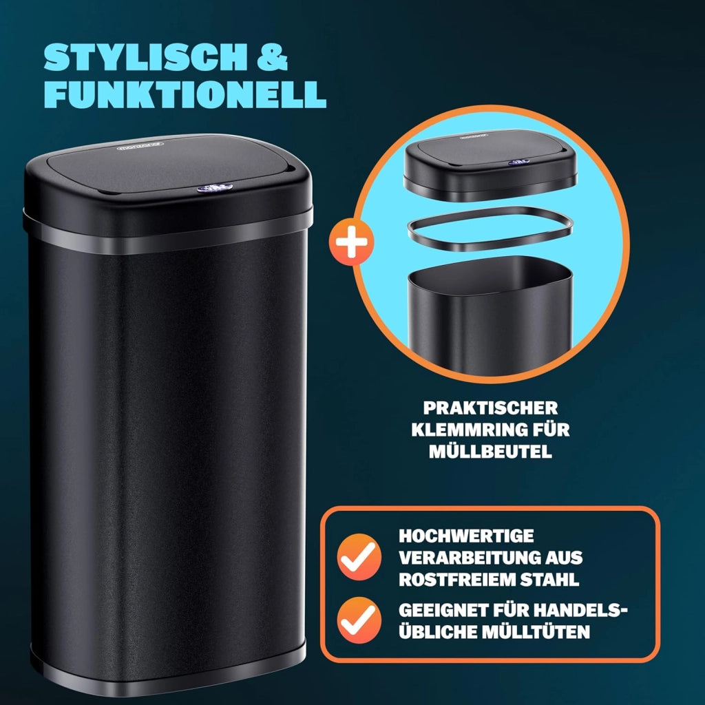 ® Cestino per Rifiuti con Sensore 50L in Acciaio Inox Pattumiera con Fissaggio Coperchio incl. Cavo USB Secchio Display LED