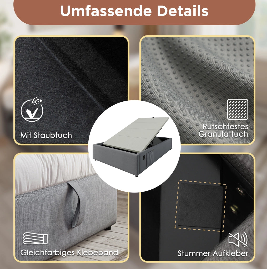 Letto contenitore 90x200 cm grigio con USB/Type-C